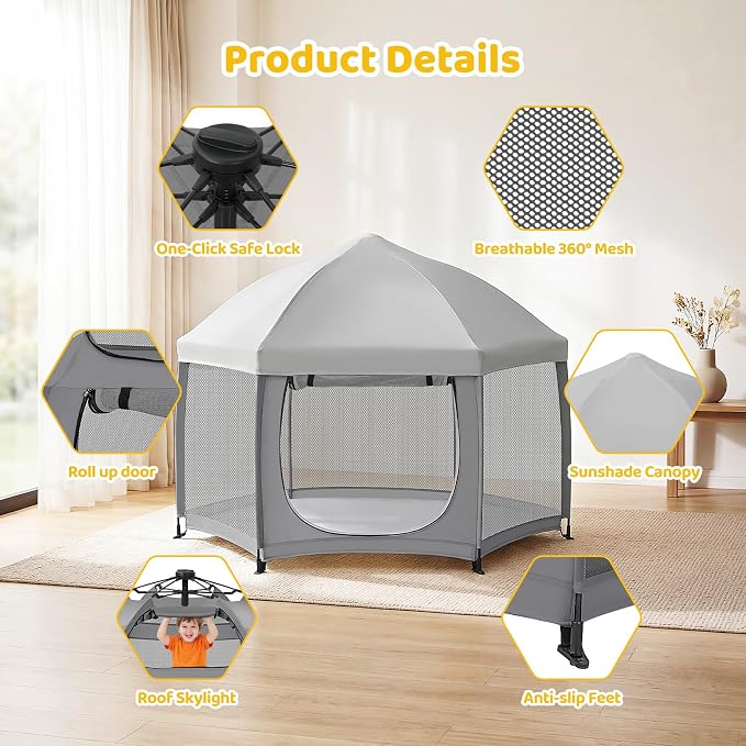 Dripex Pop Up Playpen w/t Built-in Pad & One-Click Safe Lock, Foldable Indoor/Outdoor Baby Playpen w/t Removable Canopy &Roll-Up Door & Top Mesh Window, Travel Pop and Go Beach Play Pen for Baby Grey