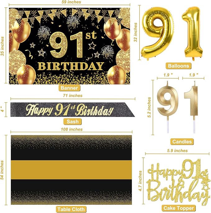 91st Birthday Decorations Men Women with 91st Birthday Banner, Black and Gold Table Cloth, Number Balloons, Large Sash, Cake Topper and Candles