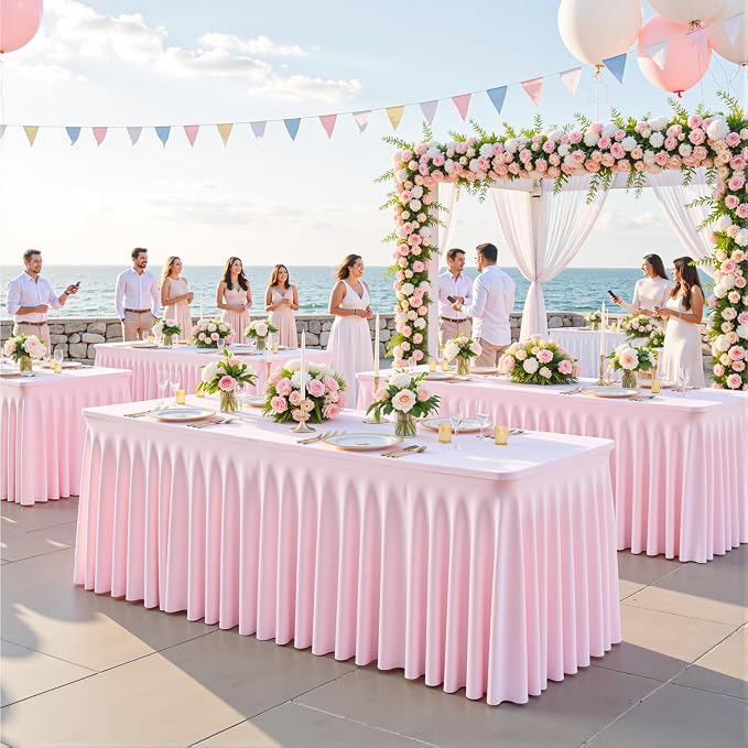 4 Pack Pink Table Cloth for 8 Foot Rectangle Tables Spandex Fitted Tablecloth 8ft Stretch Table Covers Skirt Pink Banquet Tablecloths Wrinkle Free Tablecloth for Party Wedding Birthday Event