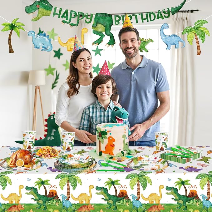 170 Pcs Dinosaur Birthday Decorations - Jungle Dino Party Supplies Sets, Includes Happy Birthday Dinner Plates Napkins, Flatware, Banners and Cups for Dinosaur Party Decorations Favors, Serves 24