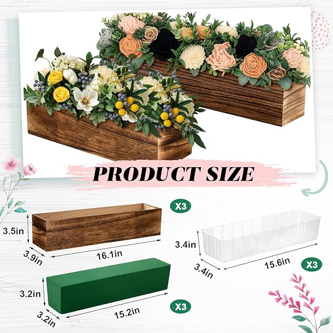 Dandat 3 Set Wood Boxes for Centerpieces 16x4 Inch Rectangle Wooden Planter Box Rustic Wood Planter with Removable Plastic Liner Floral Foam Blocks for Centerpieces Home Wedding Garden Decor
