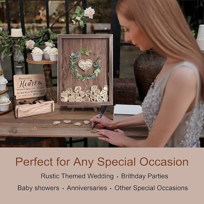 Y&K Homish Wedding Guest Book, Guest Book Alternative Favors with 80 Hearts & Green Wreath, Wedding Decorations for Reception(Rustic Brown)