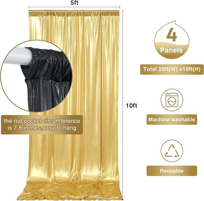 20ftx10ft Black and Gold Sequin Backdrop Curtain Panels for Parties, Wrinkle Free Glitter Photo Backdrop Drapes 4 Panels 5x10FT Shimmer Back Drop Cloth for Wedding Birthday Photography Background