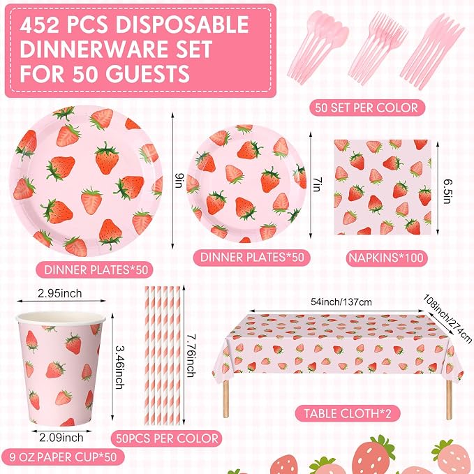 Funnymoom 452 Pcs Strawberry Party Supplies for 50 Guests, Strawberry Paper Plates Napkins Cups Tablecloth Cutlery Straws for Berry First Birthday Baby Shower Party Decorations