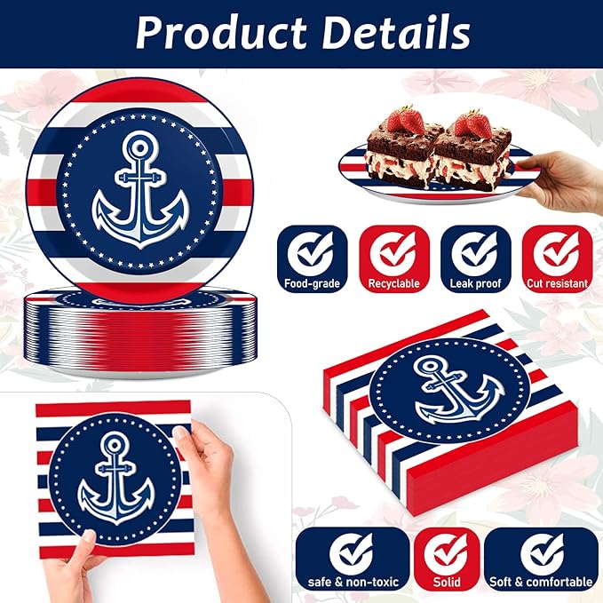 gisgfim 50 Guests Nautical Anchor Party Supplies Anchor Theme Plates and Napkins Plastic Forks Sailor Boat Ship Tableware Nautical Paper Plates for Baby Shower Birthday Party Boys Girls Kids 200PCS
