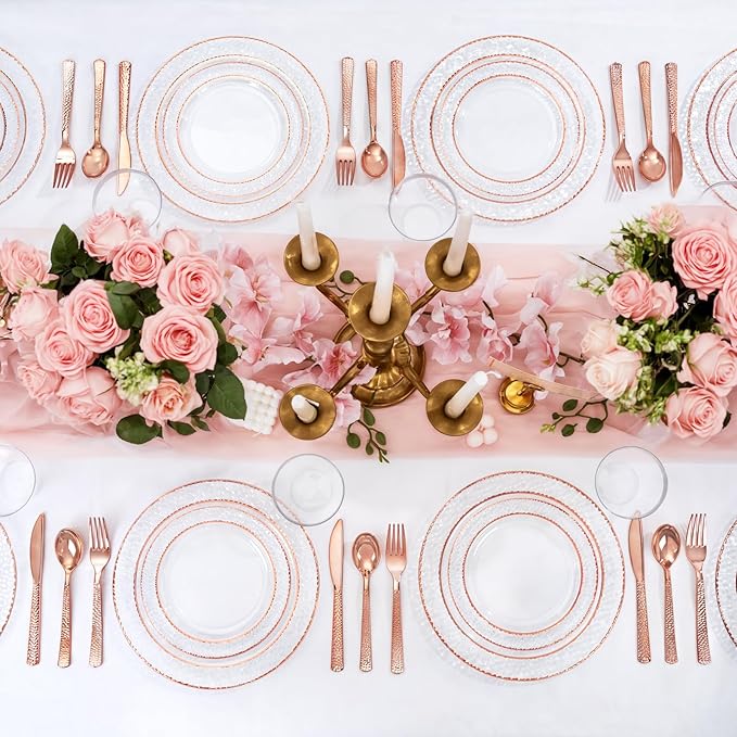 Ciaell 150PCS Rose Gold Plastic Plates – Disposable Plates with Rose Gold Plastic Silverware include 50Plates, 25Forks, 25Knives, 25Spoons, 25Cups for Wedding & Party