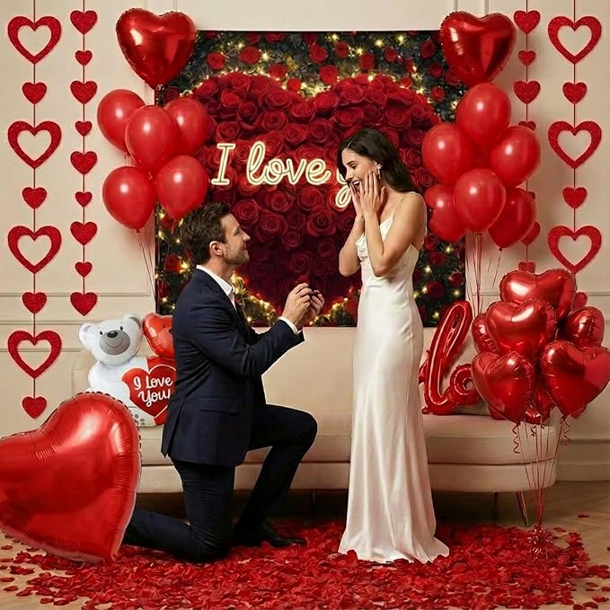 Red balloons with backdrop Hanging Hearts heart Little Bear I Love You balloons red rose petals for hotel Dec orations decorations Valentines Party Romantic Confession of love wedding anniversary