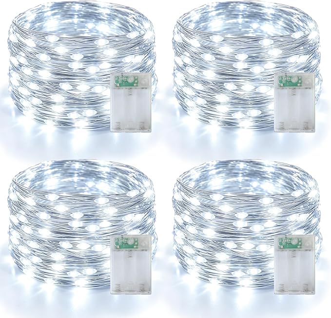 YEGUO Fairy Lights Battery Operated, 4 Packs Each 16ft 50 LED String Lights, Christmas Lights Indoor for Bedroom Wedding Party Holiday Gift(White)