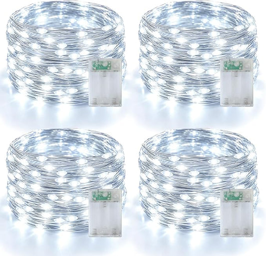 YEGUO Fairy Lights Battery Operated, 4 Packs Each 16ft 50 LED String Lights, Christmas Lights Indoor for Bedroom Wedding Party Holiday Gift(White)