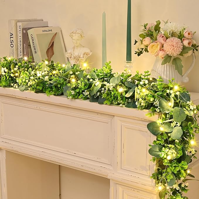 8Pcs Eucalyptus Garland with Lights, Greenery Garland, Green Garland with Flowers, 5.9FT Artificial Faux Eucalyptus Leaves Vines for Table Mantle Home Wedding Party Indoor Outdoor Decor（2 Long Lights）
