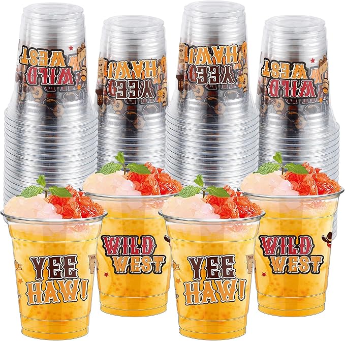 FoldTier 50 Pcs Western Theme Cups 12 oz Wild West Plastic Cups Clear Western Cowboy Disposable Cups Vintage Cowboy Drinking Cups for Home Kitchen Western Cowboy Theme Party Favors Supplies (Western)