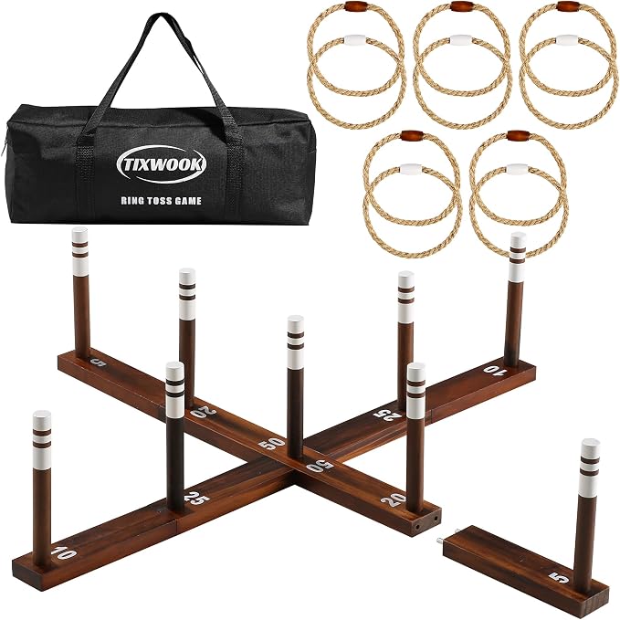 Ring Toss Game for Kids & Adults, Outdoor Yard Games for Adults and Family, Premium Ring Game with 6/10 Rope Rings & Carrying Bag, Perfect for Lawn, Backyard, Beach, Camping