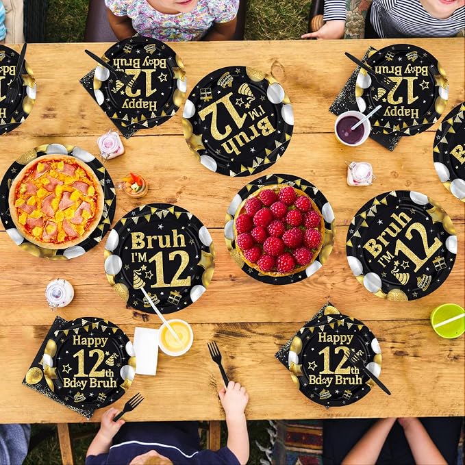 96 Pcs Bruh 12th Birthday Party Decorations Black Gold Bruh I’m 12 Plates and Napkins It's My 12th Birthday Tableware Set for Teen Boys and Girls 12 Years Old Party Supplies, Serves 24