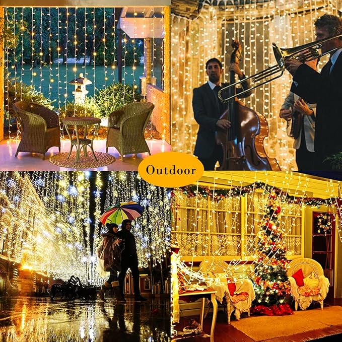 Upgraded Solar Curtain Lights Outdoor Garden Fairy String Lights 300 LED 8 Modes Remote Control Waterproof Waterfall Lights for Gazebo Patio Party Festival Wedding Christmas Decorations(Warm)