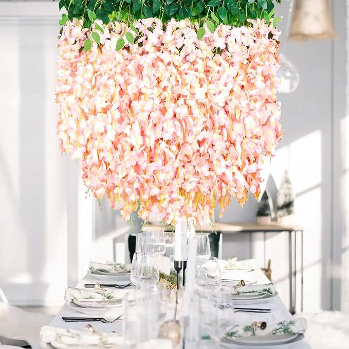 48Pcs Artificial Wisteria Hanging Flowers, 3.6Ft/Pcs Pink Fake Wisteria Garland for Wedding Party Home Garden Indoor Outdoor Decoration