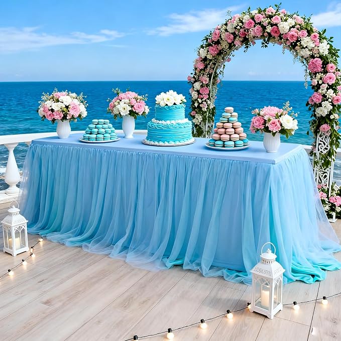 1-Pack Blue 2-in-1 Tulle Tablecloth for 8-Foot Rectangular Table – Stretch Fitted Table Skirt & Cover for Baby Shower, Bridal, Birthday, Princess Party