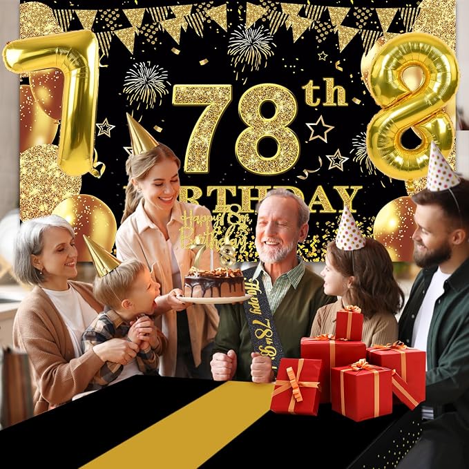 78th Birthday Decorations Men Women with 78th Birthday Banner, Black and Gold Table Cloth, Number Balloons,Sash, Cake Topper and Candles