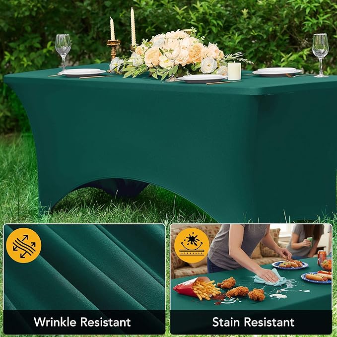 6-Pack Premium Hunter Green Spandex Tablecloths for 4ft Rectangle Tables, Stain & Wrinkle-Resistant, Washable Stretch Polyester Fitted Table Cover for Weddings, Banquets, Trade Shows Events