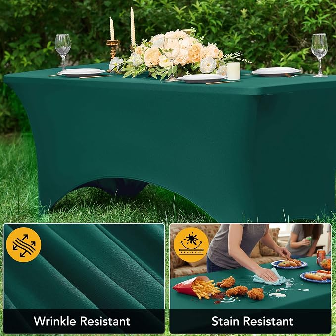 6-Pack Premium Hunter Green Spandex Tablecloths for 6ft Rectangle Tables, Stain & Wrinkle-Resistant, Washable Stretch Polyester Fitted Table Cover for Weddings, Banquets, Trade Shows Events