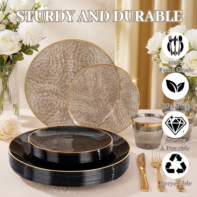 175PCS Black and Gold Plastic Dinnerware Set for 25 Guests, Disposable Plates for Party, Include: 25 Dinner Plates, 25 Dessert Plates, 25 Pre Rolled Napkins with Gold Silverware, 25 Cups