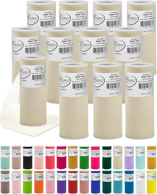 Expo International Decorative Matte Tulle, Lightweight Polyester Tulle Fabric for Tutus, Costumes, and Party Decorations, Washable, Easy-to-Use, 6 Inch x 25 Yards, Ivory, Pack of 12