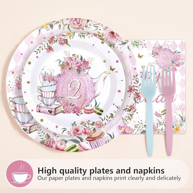 96Pcs Tea for Two Party Supplies Tea 2nd Year Old Girl Birthday Plates and Napkins Pink Floral Teapot Theme Tableware Set for Girls Tea-themed Baby Shower Birthday Party Supplies，Serves 24