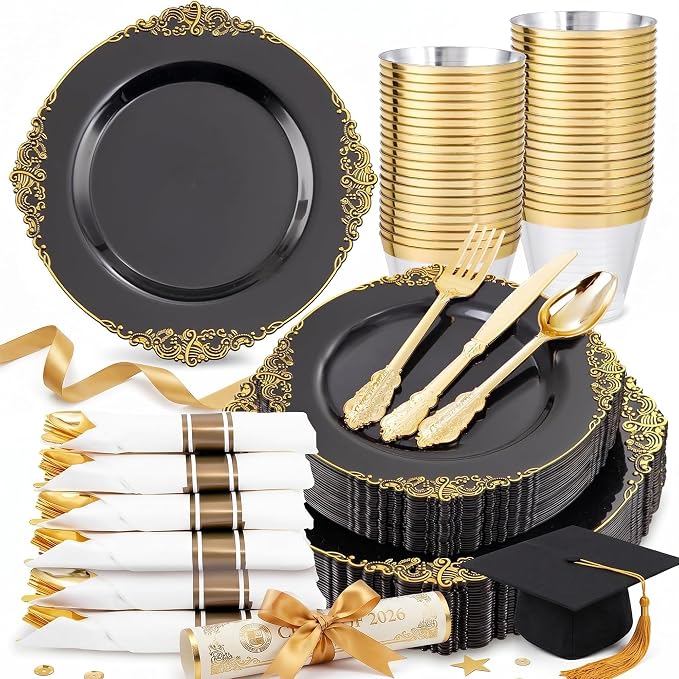 Nervure 175PCS Black Plastic Plates - Disposable Black Gold Party Plates & Pre Rolled Napkins with Cutlery for 25 Guests, 50Plates, 75Silverware, 25Cups, 25Napkin for Wedding & Party