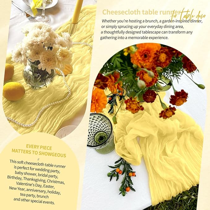 20 Pack Light Yellow Cheesecloth Table Runner 10FT Boho Gauze Cheese Cloth Table Runners Romantic Rustic Sheer Table Decorations for Wedding Party Baby Shower Birthday Holiday Home
