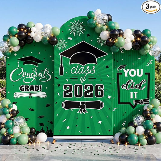 WovWeave Graduation Arch Backdrop Stand Cover Set of 3-4ft 5ft 6ft Grad Arch Cover Photo Booth Backdrop Decorations for Graduation Party Decor Supplies(Green Black,Class of 2026)