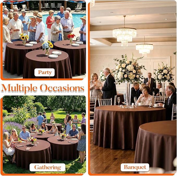 10 Pack Brown Round Tablecloth 90 Inch Round Table Cloth Wrinkle Resistant Brown Tablecloth Washable and Reusable Polyester Fabric Table Covers for Banquet Wedding Party Dining Buffet
