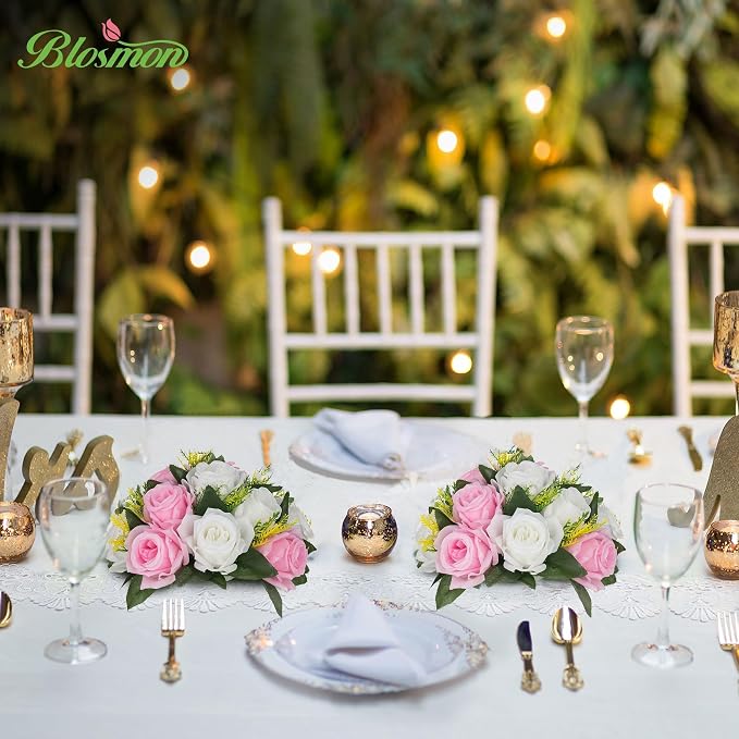 BLOSMON Flower Balls Centerpieces for Table: 6 Pcs Pink White Faux Roses | 9.5 Inch Fake Kissing Floral Ball Arrangements for Wedding - Artificial Flower Bouquet with Base Home Party DIY Decor