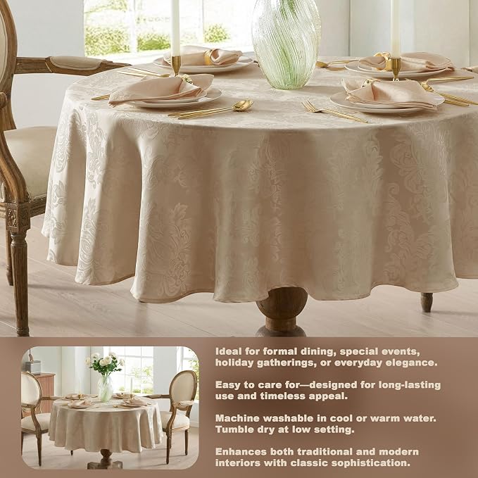 Newbridge Barcelona Luxury Damask Fabric Tablecloth, 90” Round, Golden Beige, 100% Polyester, No Iron, Soil Resistant Dining Room, Party and Banquet Table Cover