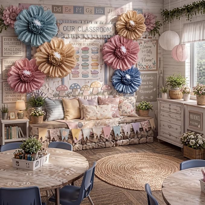 Giegxin 6 Pcs 31.5", 24" Boho Giant Paper Flowers Back to School Bulletin Board Decoration Large Pink Blue Classroom Tissue Flowers for Wall DIY Photo Backdrop Classroom First Day of School Party