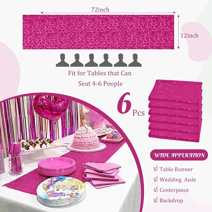 6 Pack Hot Pink Valentine's Day Sequin Table Runner 12" x 72" Sparkle Table Runner for Baby Bridal Shower Wedding Birthday Party Table Decor (Hot Pink)