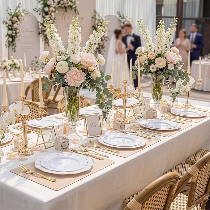 WDF 100pcs Gold Plastic Plates - High-end Baroque Design - Heavy Duty White &Gold Wedding Plates Set Ideal for Party/Wedding/Birthday/Mother's Day