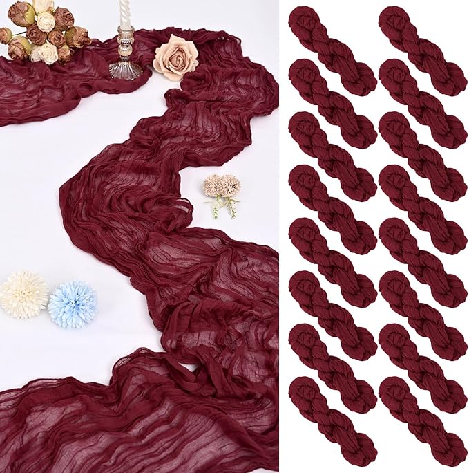 16 Pack 10Ft Cheesecloth Table Runner Burgundy, 20 x 120 Inch Rustic Gauze Boho Cheese Cloth Table Runners Wedding Long Table Runner for Wedding Party Bridal Shower Table Decoration