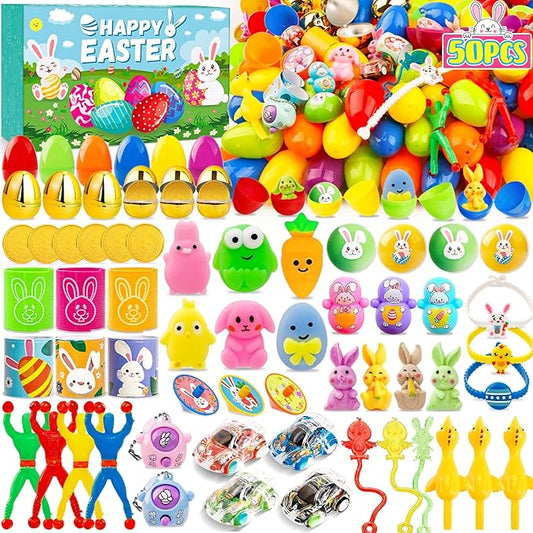 Adisher [ 6 Surprise Golden Eggs ] 50 PACK Prefilled Easter Egg Fillers, Easter Basket Stuffers Egg Hunt with Toys Goodie Bags Stuffers Party Favors Classroom Prize Supplies for Kids