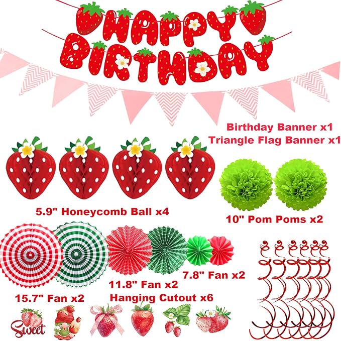 Strawberry Birthday Decorations,Cute Strawberry Party with Red Strawberry Honeycomb Balls,Green Paper Pom Poms,Paper Fan,Banner and Hanging Swirls Berry Hanging Decor Centerpieces