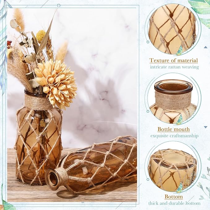Chuangdi Set of 2 Coastal Glass Vases for Flowers TSITP Flower Vase with Boho Rope Small Sea Glass Jar Nautical Beach Bottle for Wedding Table Centerpieces Floral Arrangement Decor(Light Brown)