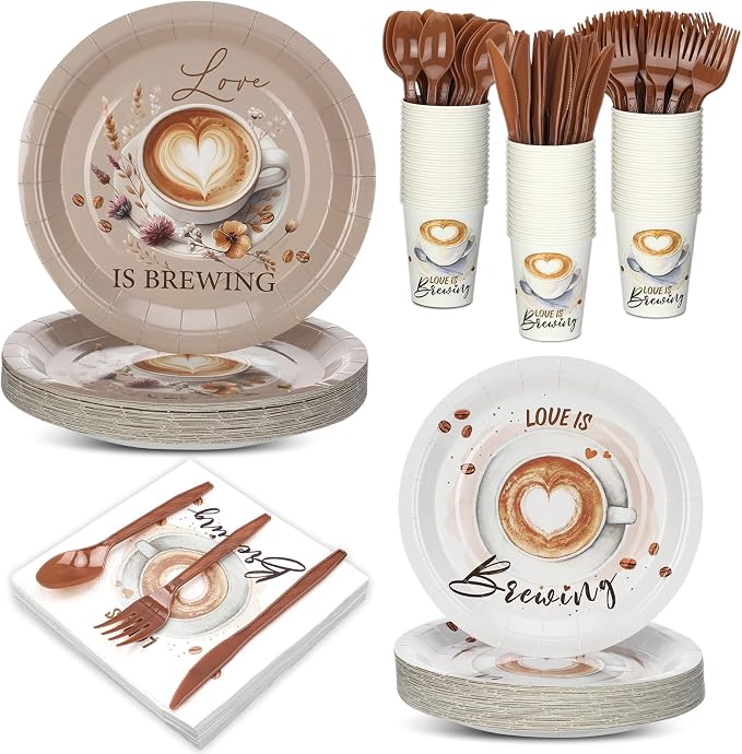 Yungyan 252 Pcs Love Is Brewing Coffee Bridal Shower Party Tableware Set Love Is Brewing Plates Napkins Cups Cutlery for Coffee Lovers Bachelorette Party Decorations Supplies 36 Guests
