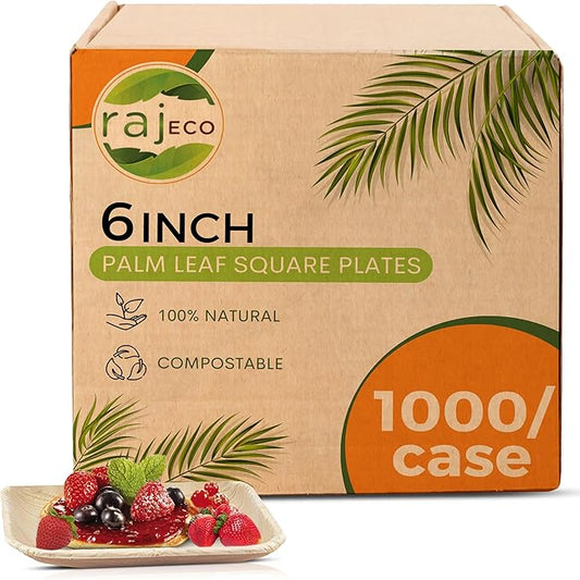 Raj Unique Collection Palm Leaf Bulk Plates like Bamboo plates Disposable, Decorative Tableware wedding, Lunch, Dinner, Birthday, Camping, BBQ, Picnic (6/inch (Case I 1000 Pack)) Natural