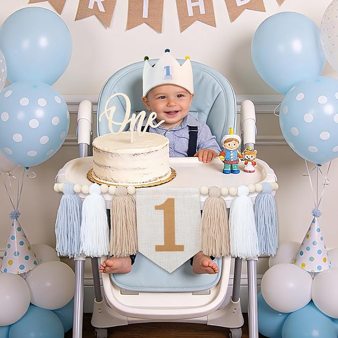 DCJHFJ Baby Boy First Birthday Party Decorations for Blue High Chair Banner with One Cake Topper Crown Hat