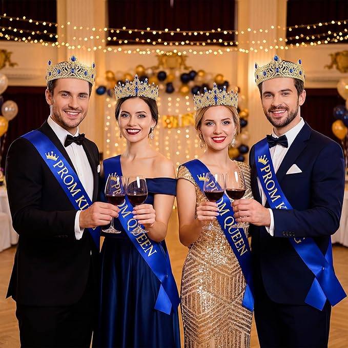 Retrowavy 4 Pcs Prom King and Queen Crown Set with Sashes Prom King Queen Sash and Tiara Set for 2026 Grad Birthday Carnival Wedding Costume Accessories(RoyalBlue)
