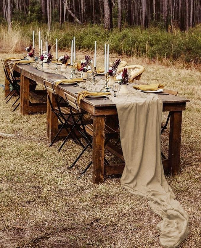24 Pack Light Brown Cheesecloth Table Runner, 10FT Long Romantic Sheer Cheesecloth Rustic Boho Table Runner for Wedding Birthday Bridal Party Decorations(21.5×120 Inch)