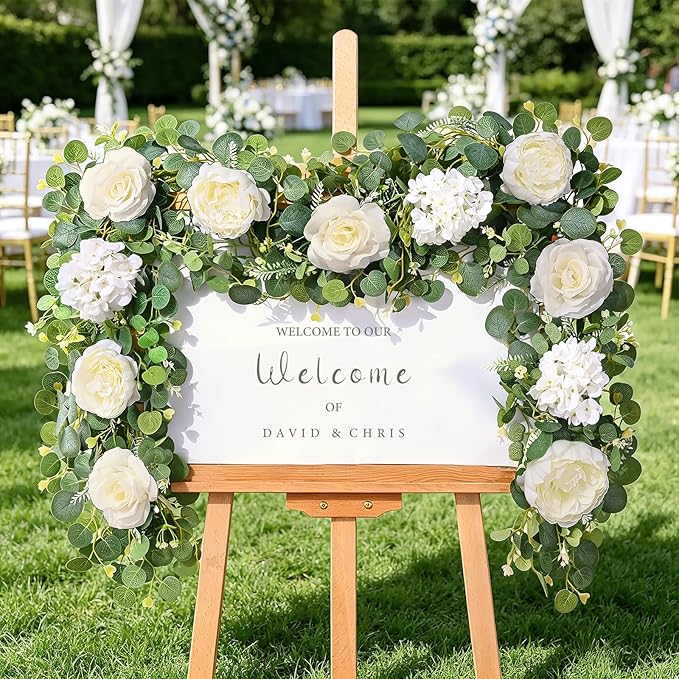 Livole 6 FT Artificial Flower Garland Real Touch Fake White Floral Rose Peony Garland with Eucalyptus Flower Hanging Vine for Wedding Table Centerpieces Backdrop Party Arch Home Decorations