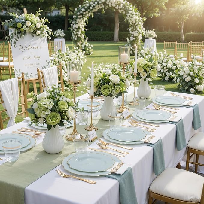 NOCCUR 175PCS Sage Green Plastic Plates with Gold Disposable Silverware - Include 50 Green and Gold Plastic Plates,25 Knives,25 Forks,25 Spoons,25 Cups and 25 Napkins - Mother's Day/Spring Party
