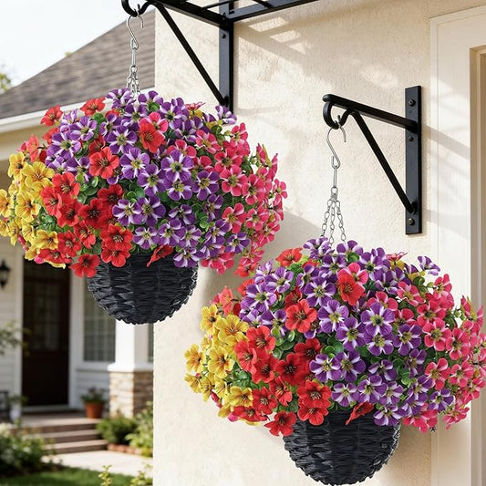 VIERENA 2 Sets Artificial Morning Glory and Eucalyptus Hanging Basket for Outdoor, UV-Resistant Fake Flower Hanging Basket, Suitable for Porch, Aisle, Garden, Patio, Eaves Decor (Mixed Color)