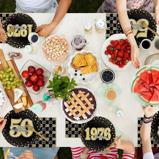 200Pcs 50th Birthday Party Decorations Vintage 1976 Paper Plates and Napkins Black Gold 50 Year Old Disposable Tableware Set for Men Women 50th Birthday Anniversary Party Favors Supplies Serves 50