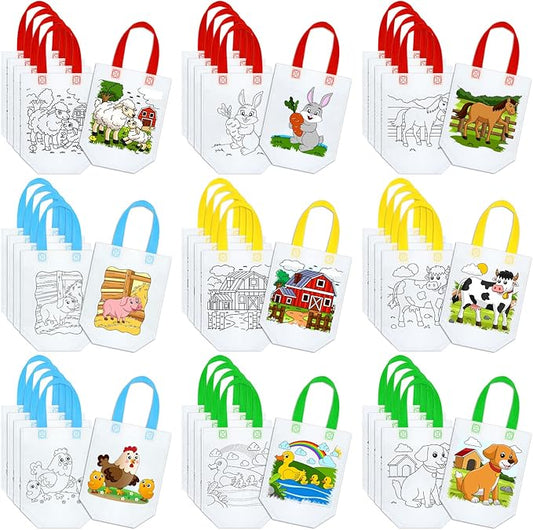 Kacctyen 45 Pcs Farm Animals Color Your Own Goodie Bags Craft Bulk Reusable Coloring Art Party Favor Paint Graffiti Bags for Farm Theme Barnyard Birthday, 9 Styles