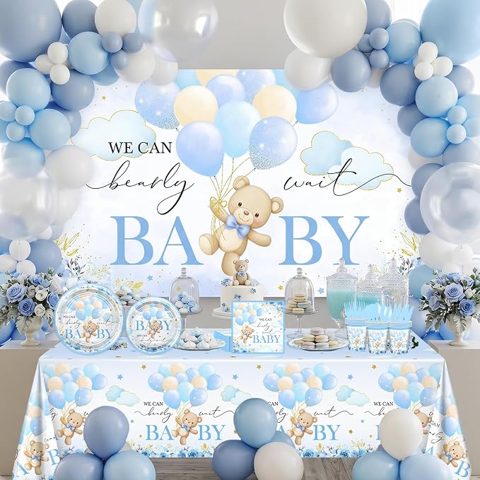 270 Pcs Blue Bear Baby Shower Decorations: We Can Bearly Wait Baby Shower Banner Disposable Plates Napkins Cups Tablecloth Balloons for Boy Serve 24